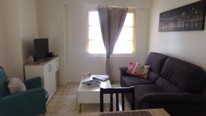 A living room with a sofa, a small table, a TV on a cabinet, and a window with curtains. - Le Goéland - Dieppe (Dieppe)