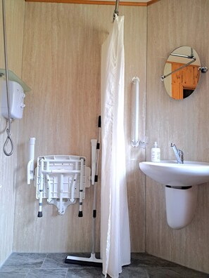 Shower, towels, toilet paper