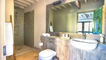 Une salle de bain avec une douche, deux lavabos, des toilettes et un grand miroir.