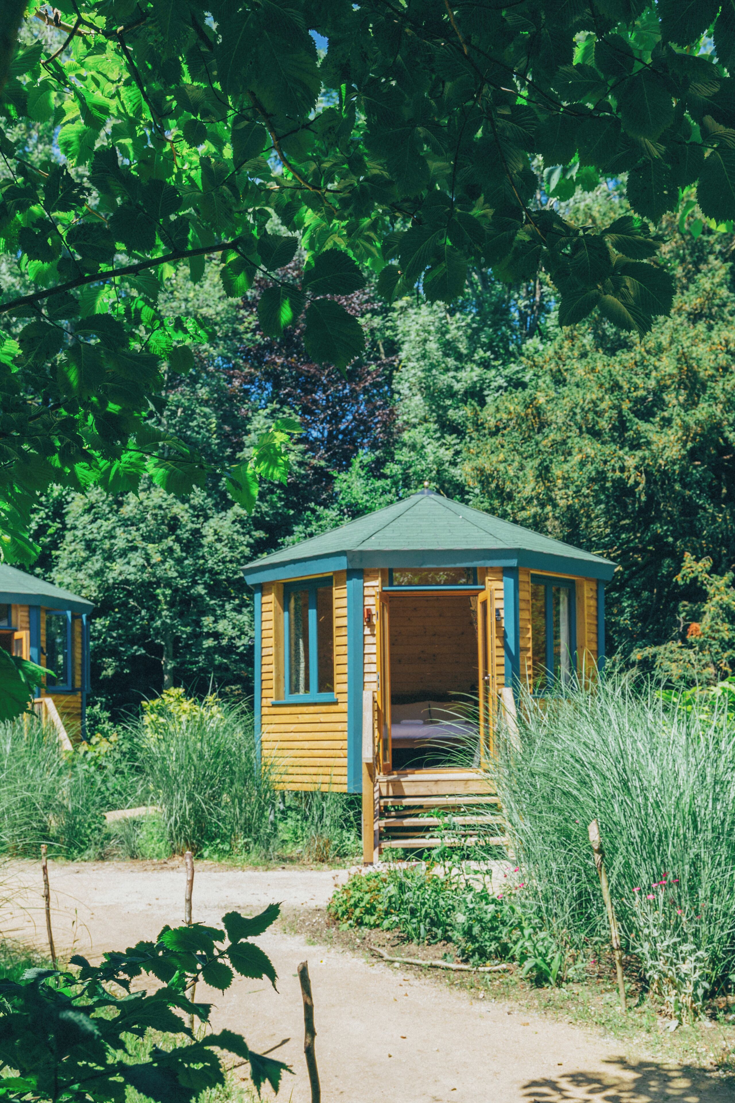 A wooden cabin with a green roof, surrounded by lush greenery and a dirt path.