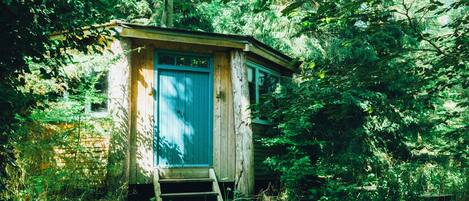 Una pequeña cabaña de madera con puerta azul, rodeada de un denso bosque.