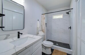 Shower, towels, soap, shampoo