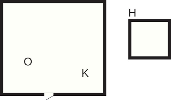 A square room with a door labeled 'O' and a smaller square room with a door labeled 'H'.