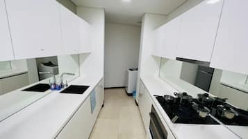 Family Apartment, City View | Private kitchen | Full-sized fridge, electric kettle, cookware/dishes/utensils