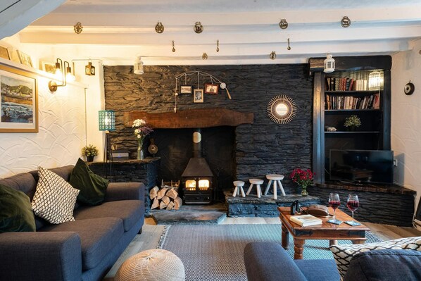 Smart TV, fireplace, books