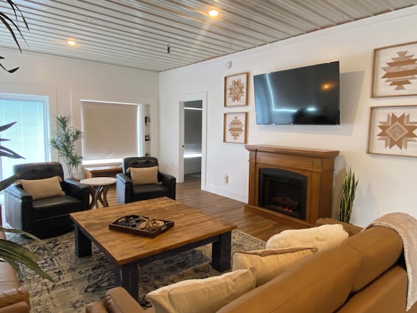 Smart TV, fireplace, books