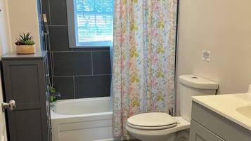 Hair dryer, bidet, towels, soap