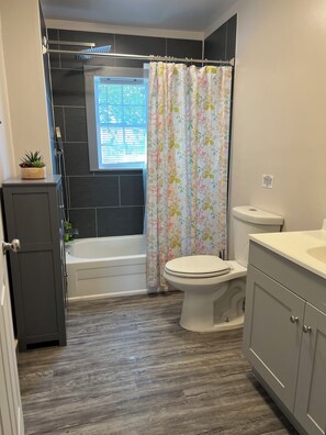 Hair dryer, bidet, towels, soap