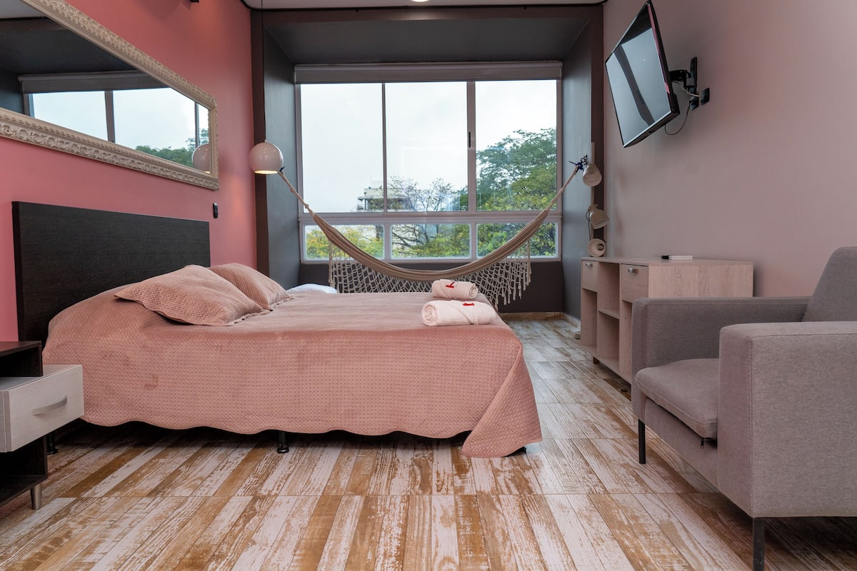 A bedroom with a bed, a hammock, a TV, and a chair.