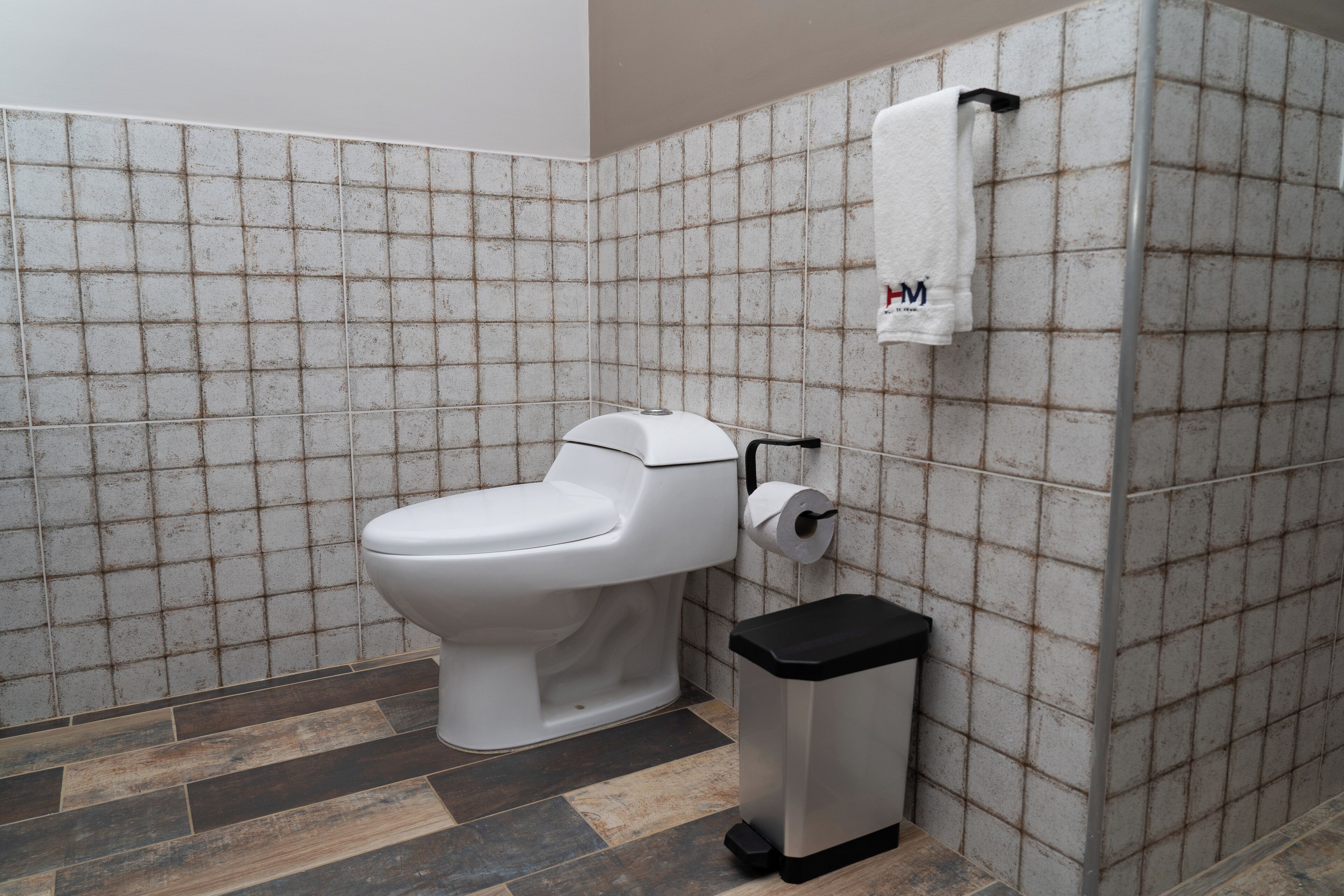 A bathroom with a toilet, a trash bin, and a roll of toilet paper on the wall.