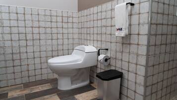 A bathroom with a toilet, a trash bin, and a roll of toilet paper on the wall.