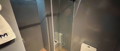 Un baño moderno con cabina de ducha de vidrio, inodoro y perchero para toallas.