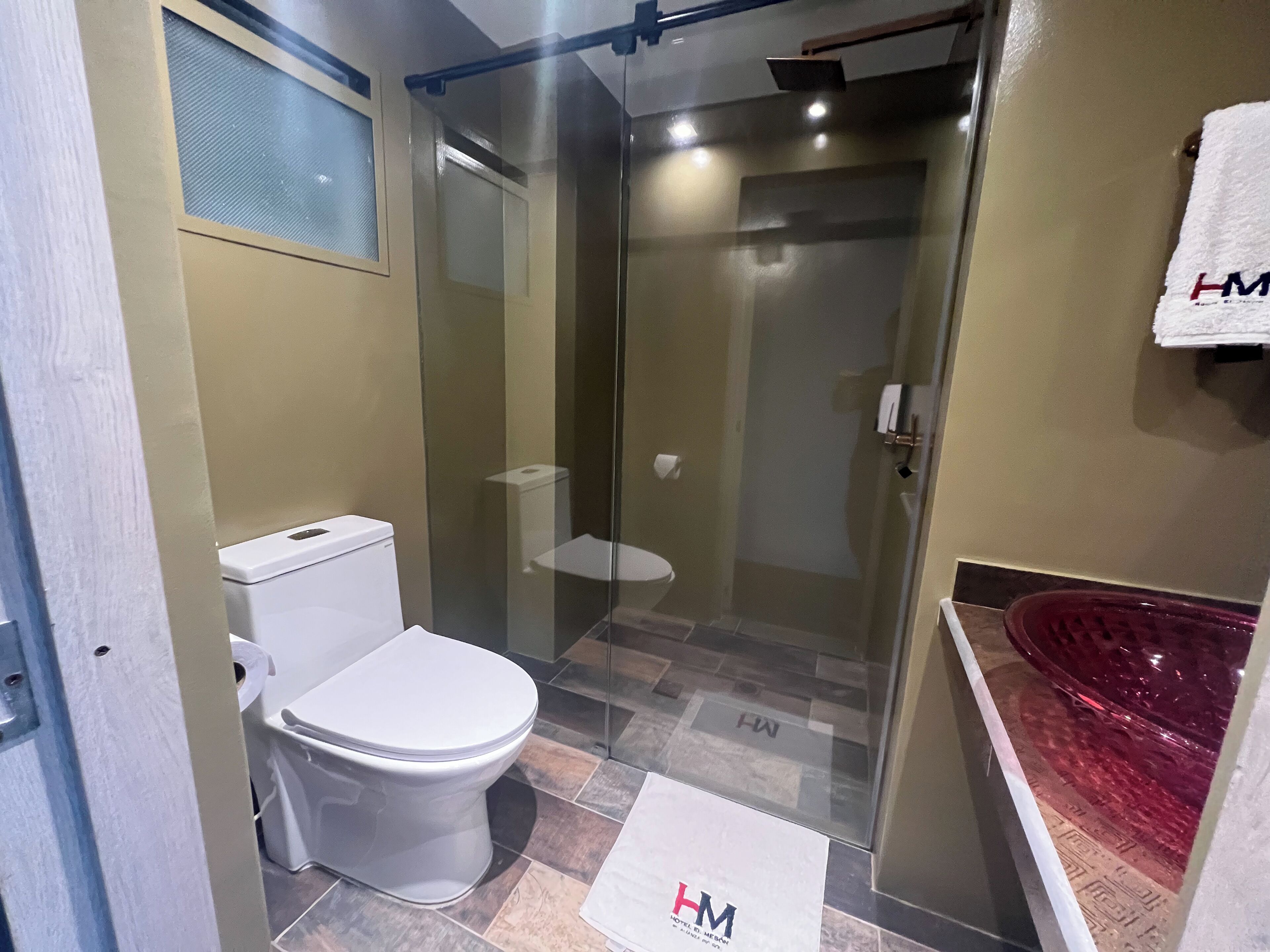 A hotel bathroom with a toilet, a glass-enclosed shower, and a red sink.