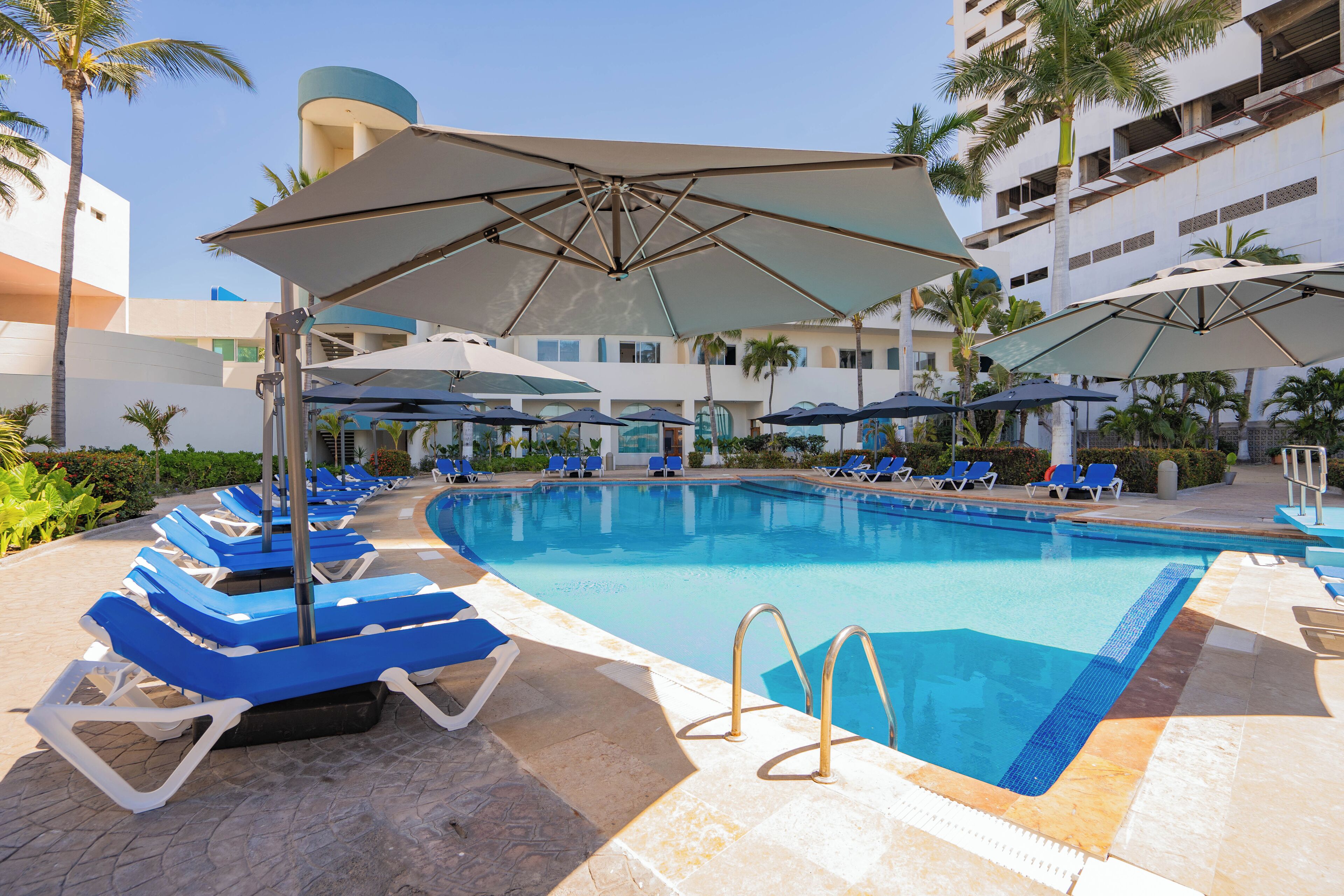 Piscina com cadeiras de descanso azuis e guarda-sóis, rodeada por palmeiras e um edifício de vários andares.