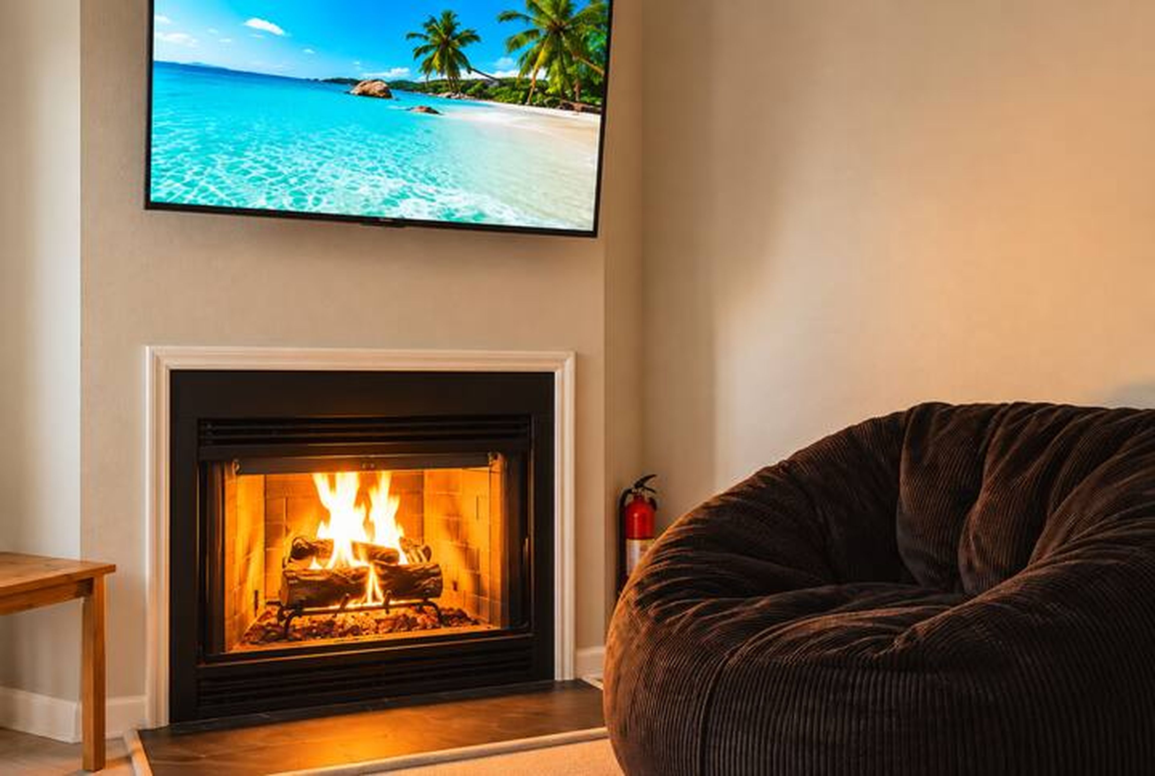 Een woonkamer met een open haard, een televisiescherm dat een strandbeeld toont, en een relax fauteuil.