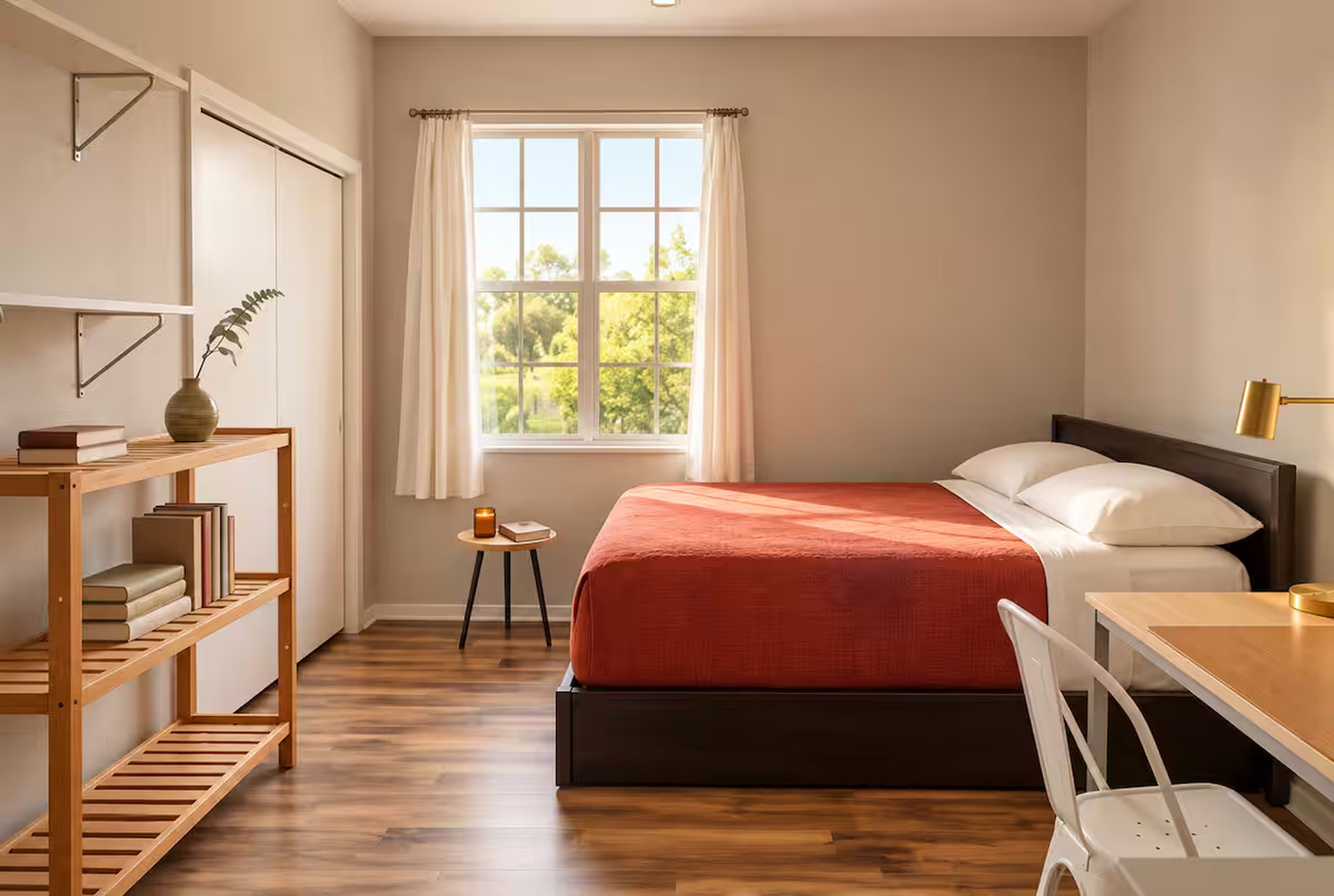Een slaapkamer met een bed, bureau, stoel, een boekenplank, een raam met gordijnen en een plant.