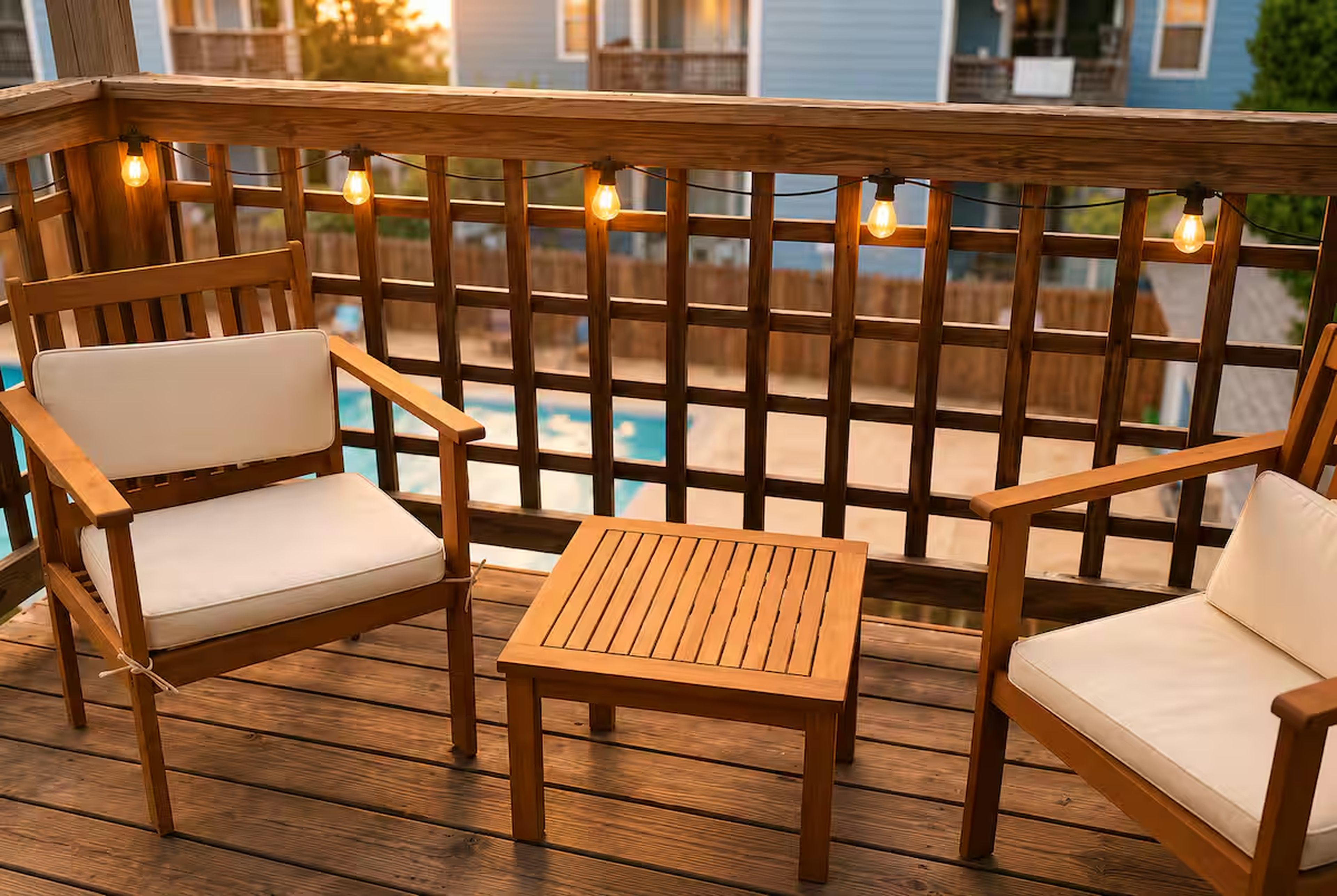 Eine Holzterrasse mit zwei Stühlen und einem kleinen Tisch, ein Holzzaun und ein Schwimmbecken im Hintergrund.