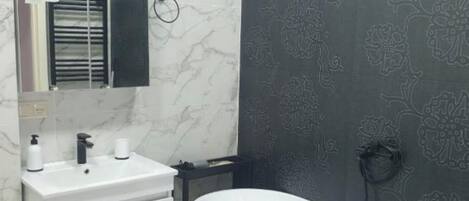 Douche, serviettes fournies, papier de toilette