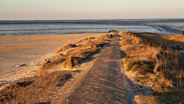 Un sentier côtier menant à la mer, avec un ciel dégagé.