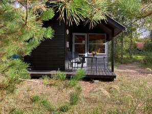A small cabin with a porch, two chairs, and a table with a vase of flowers. - Holiday Home in Pandrup With Shared Bathroom (Pandrup)