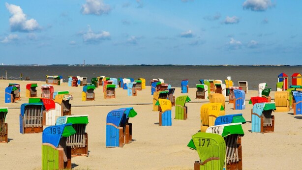Beach huts numbered and arranged in rows on a sandy beach with a view of the sea and distant horizon. - Ferienwohnung im Erdgeschoss in Nessmersiel (Dornum)