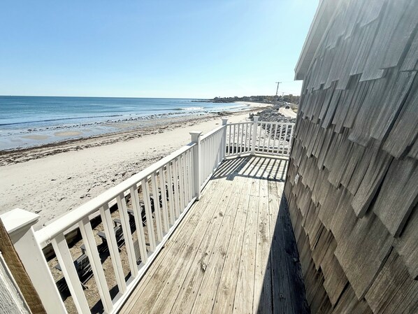 On the beach, sun-loungers, beach towels