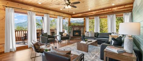 TV, fireplace, table football, books