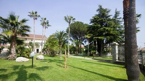 Un jardin bien entretenu, avec des palmiers, une pelouse et un bâtiment en arrière-plan.