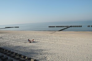 A beach with a clear sky, a sandy shore, and a row of wooden posts in the water. - Apartment in Dziwnowek With Sea View (Dziwnów)