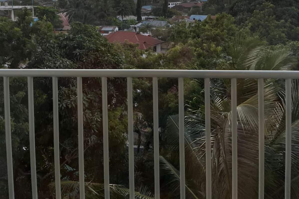A sunset view from a balcony with a railing, overlooking a residential area with houses and trees.