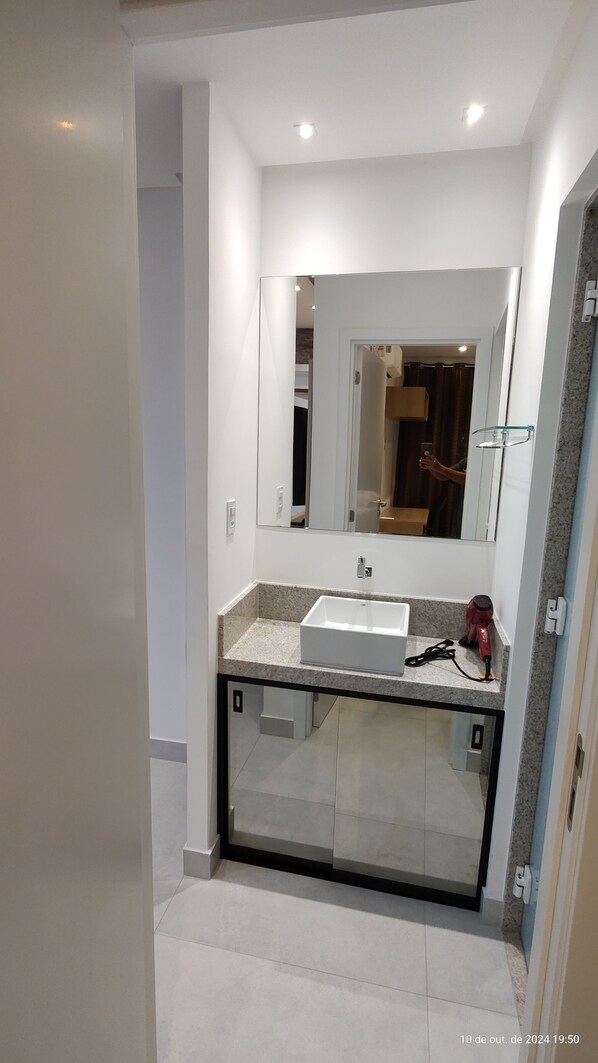 Hair dryer, towels, soap, toilet paper