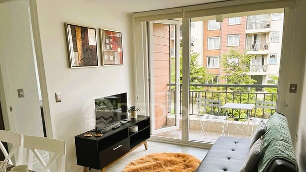 Uma sala de estar moderna com um sofá preto, uma TV em um móvel preto, um tapete redondo e uma varanda com vista para um edifício e vegetação.