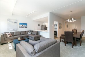 Smart TV, fireplace, books, stereo