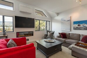 TV connectée, cheminée, livres, chaîne hi-fi