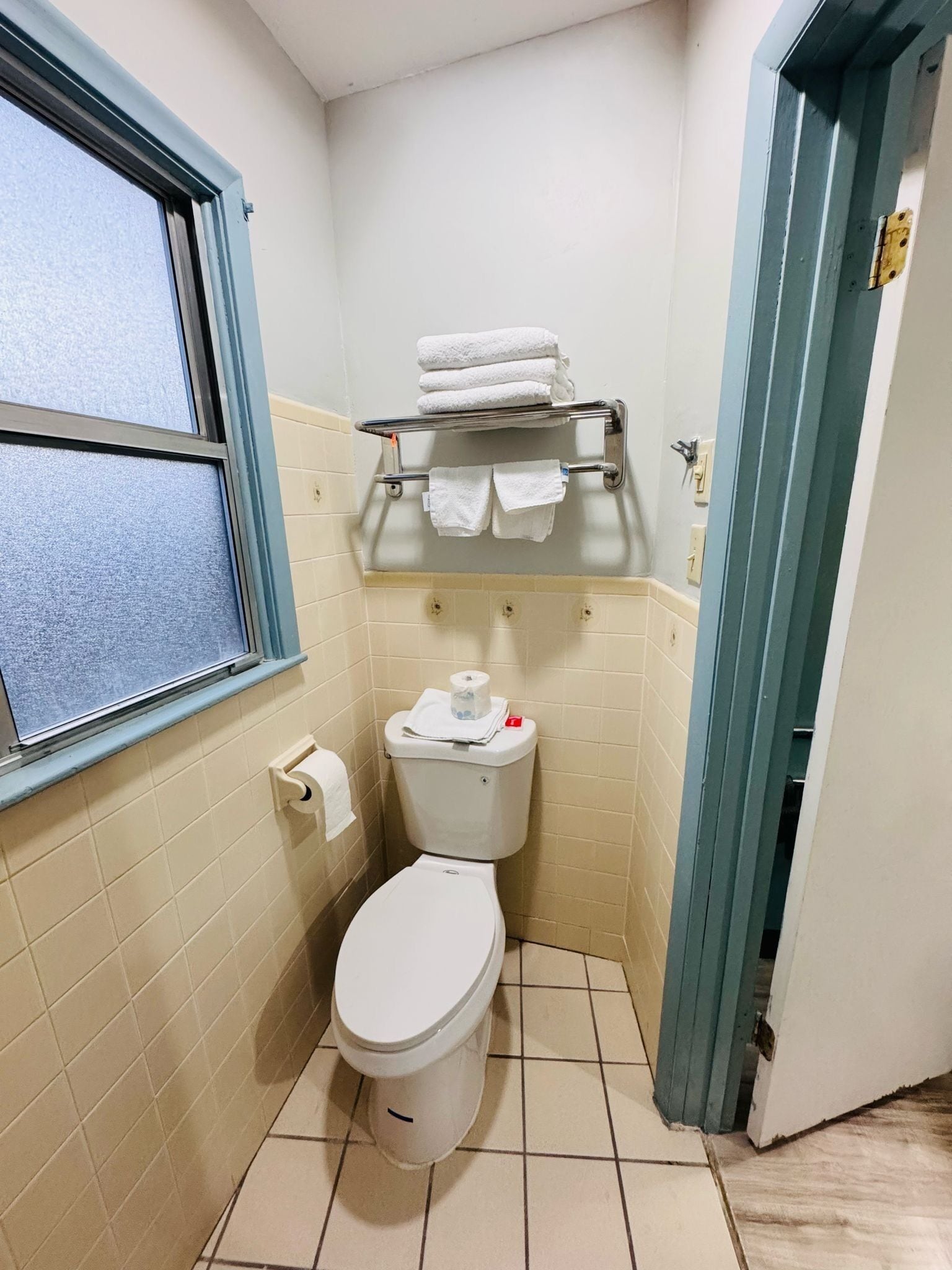 A small bathroom with a toilet, a window, and a towel rack.