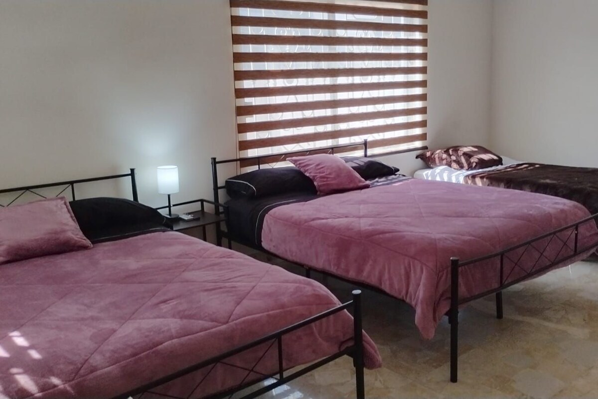Una habitación con dos camas, cada una con estructura metálica y ropa de cama rosa. Hay un ventanal con persianas horizontales y una mesita de noche con una lámpara junto a las camas.