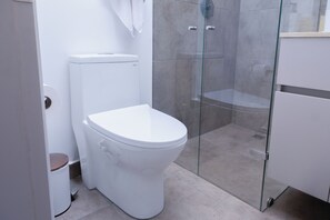 Ducha, toallas, jabón y champú