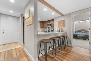 Fridge, microwave, dishwasher, coffee/tea maker