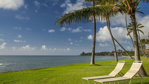 Een gazon met twee lounge fauteuils gericht op de oceaan, palmbomen en een heldere lucht.