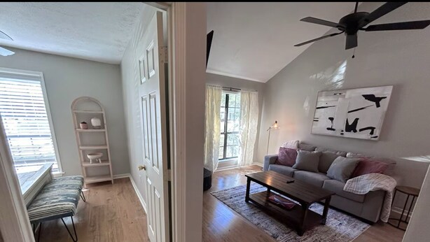 Un salon avec un canapé, une table basse et un ventilateur de plafond.