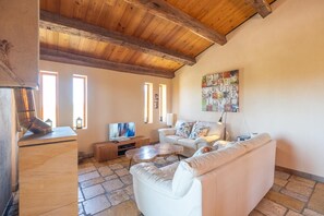 Televisie, een open haard, een dvd-speler en een tafeltennistafel