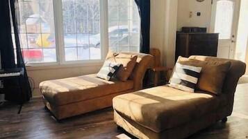 TV, fireplace, books