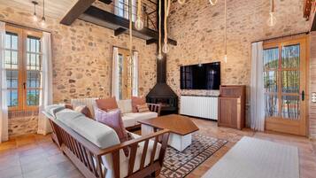 Televisor, llar de foc i taula de tennis de taula