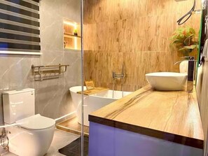 Hair dryer, towels, soap, toilet paper