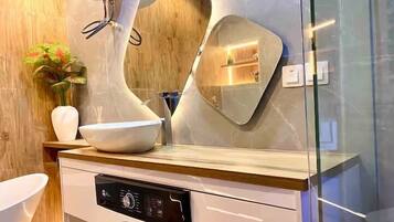 Hair dryer, towels, soap, toilet paper