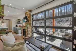 TV connectée, cheminée, livres