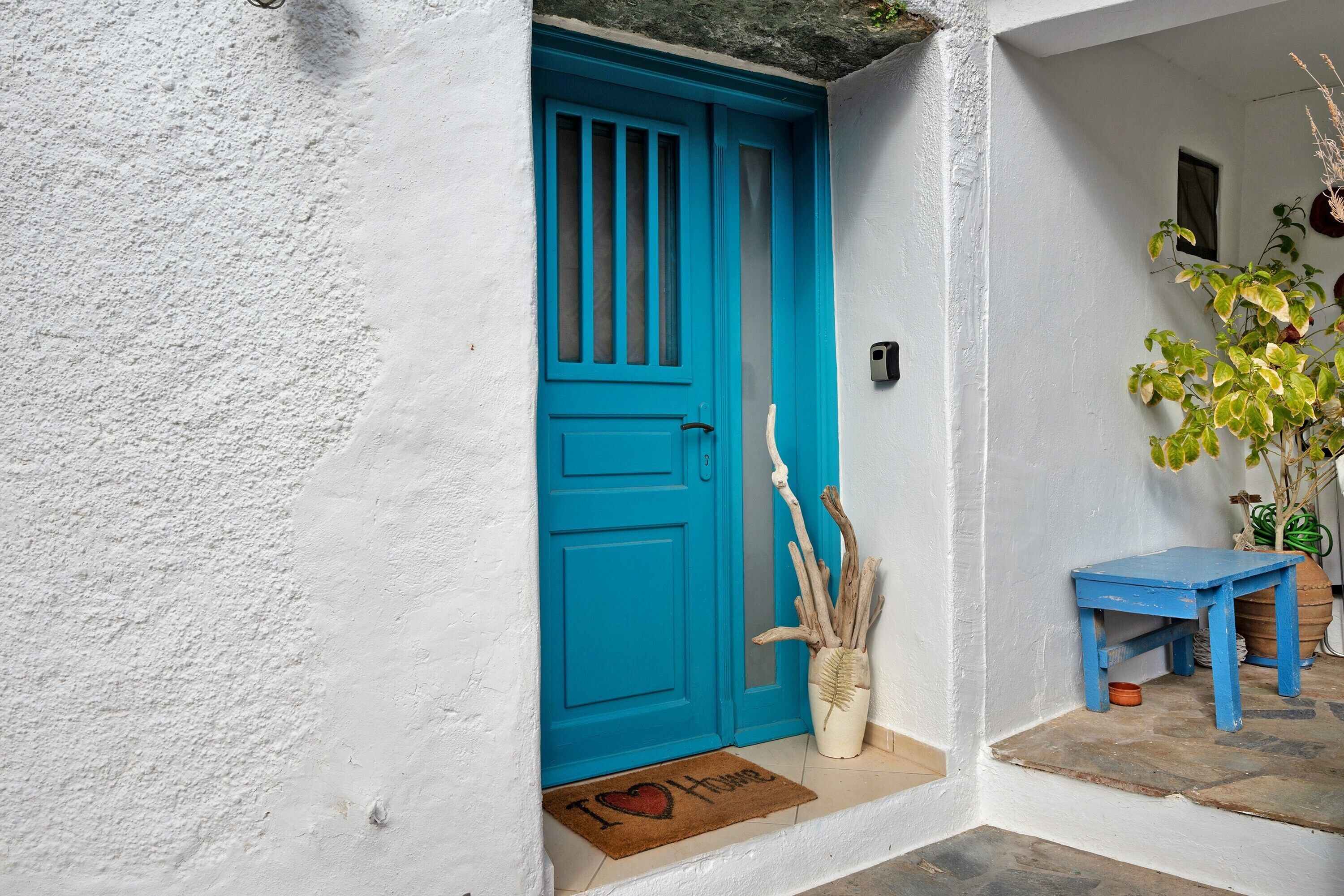 A blue door, a white wall, a small blue table, and a potted plant.