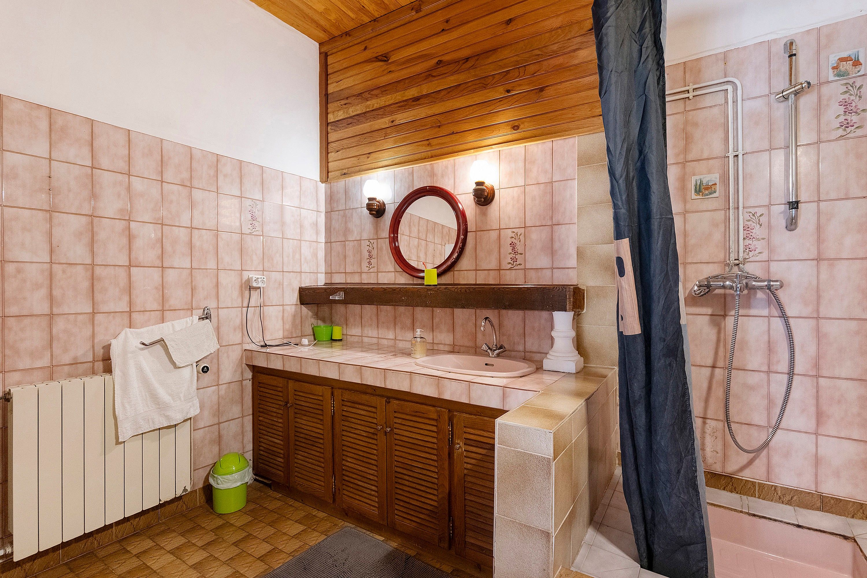 Ein Badezimmer mit Holzboden, einem Waschbecken mit Spiegel darüber, einer Dusche mit Brausekopf und einem Heizkörper.