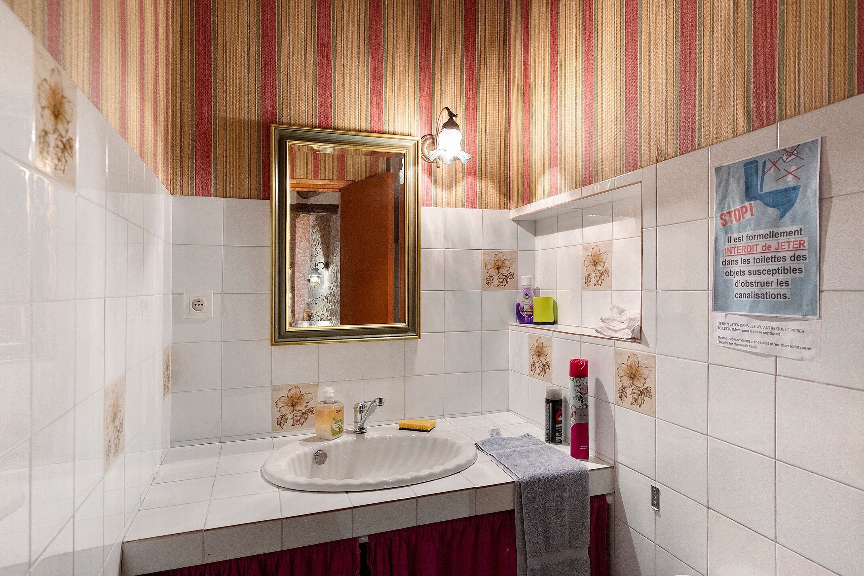 Une salle de bain avec un lavabo blanc, un miroir avec un cadre doré, un porte-serviettes et une affiche accrochée au mur.