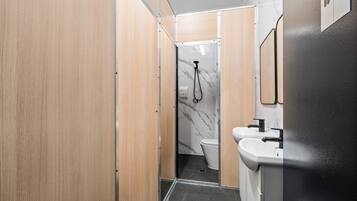 Shower, towels, toilet paper